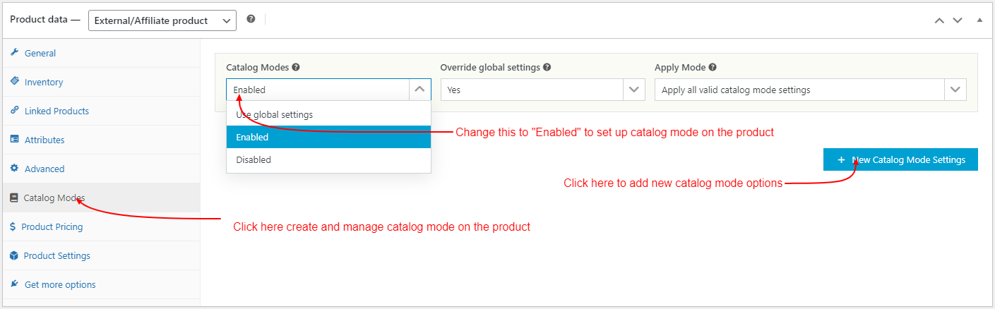 WooCommerce Catalog Mode - Pricing, Enquiry Forms & Promotions - Catalog Modes Meta Settings